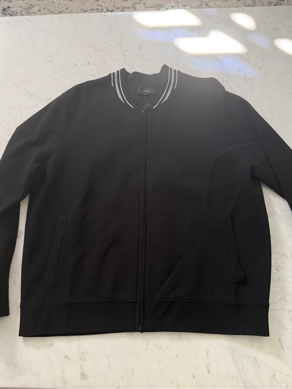 Vince XL Black Double Knit Full Zip Sweater Jacket Stretch Knit Rib Collar